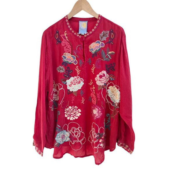 Johnny Was Womens Marcia Blouse Sz 1X Embroidered Beaded Red Floral Long Sleeve - Picture 1 of 10
